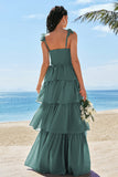 Ink Blue A-Line Corset Tiered Long Bridesmaid Dress with Ruffle Slit