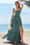 Ink Blue A-Line Corset Tiered Long Bridesmaid Dress with Ruffle Slit