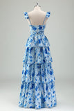 Blue Floral A Line Corset Tiered Long Bridesmaid Dress with Slit