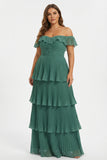 Dusty Sage A Line Off the Shoulder Tiered  Pleated Long Bridesmaid Dress with Slit