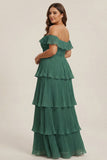 Dusty Sage A Line Off the Shoulder Tiered  Pleated Long Bridesmaid Dress with Slit