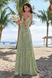 Dusty Sage Cold Shoulder A-Line Jacquard Long Bridesmaid Dress with Slit