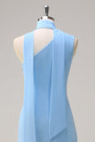 Chiffon Blue Mermaid One Shoulder Long Bridesmaid Dress with Streamer