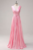 Pink A Line V Neck Satin Open Back Pleated Long Bridesmaid Dress