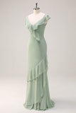 Dusty Sage Mermaid V Neck Long Open Back Bridesmaid Dress with Ruffles