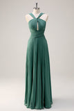 Eucalyptus A Line Halter Neck Chiffon Pleated Long Bridesmaid Dress