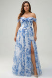 White Blue Flower Off the Shoulder A-Line Bridesmaid Dress with Slit
