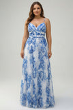 White Blue Flower A-Line Spaghetti Straps Pleated Bridesmaid Dress