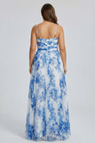 White Blue Flower A-Line Spaghetti Straps Pleated Bridesmaid Dress