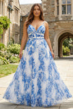 White Blue Flower A-Line Spaghetti Straps Pleated Bridesmaid Dress