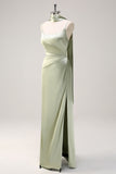 Sage Mermaid Ruched Long Ruched Streamer Satin Bridesmaid Dress with Slit