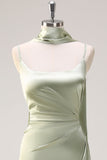 Sage Mermaid Ruched Long Ruched Streamer Satin Bridesmaid Dress with Slit