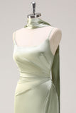 Sage Mermaid Ruched Long Ruched Streamer Satin Bridesmaid Dress with Slit