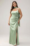 Sage Mermaid Ruched Long Ruched Streamer Satin Bridesmaid Dress with Slit