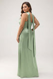 Sage Mermaid Ruched Long Ruched Streamer Satin Bridesmaid Dress with Slit