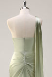 Sage Mermaid One Shoulder Streamer Ruched Satin Long Bridesmaid Dress with Slit