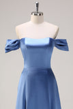 Dusty Blue A Line Off The Shoulder Satin Long Bridesmaid Dress