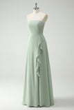 A Line Strapless Dusty Sage Long Bridesmaid Dress with Ruffles Slit