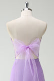 Purple A-Line Strapless Ruffled Long Bridesmaid Dress with Bow Ties