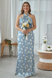 Navy Bloom Sheath Halter Neck Satin Long Bridesmaid Dress