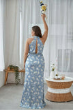 Navy Bloom Sheath Halter Neck Satin Long Bridesmaid Dress