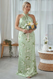 Navy Bloom Sheath Halter Neck Satin Long Bridesmaid Dress
