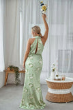 Sheath Halter Blue White Flower Plus Size Printed Long Bridesmaid Dress