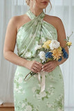 Sheath Halter Blue White Flower Plus Size Printed Long Bridesmaid Dress