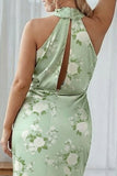 Sheath Halter Blue White Flower Plus Size Printed Long Bridesmaid Dress