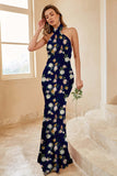 Blue White Flower Mermaid Halter Open Back Print Long Bridesmaid Dress