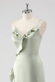 Sage Long Satin V Neck Ruffled Sheath Bridesmaid Dress