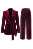 Navy Shawl Lapel 2 Pieces Women's Suits with Belt