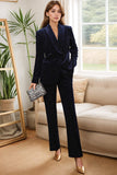 2 Pieces Shawl Lapel Navy Women's Suits with Belt