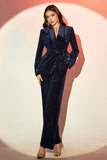 Navy Shawl Lapel 2 Pieces Women's Suits with Belt