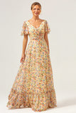 Yellow Flower Printed A-Line V-neck Short Sleeves Long Prom Dress