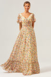 Yellow Flower Printed A-Line V-neck Short Sleeves Long Prom Dress