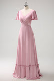 Pink A-Line Ruffle Wrap Short Sleeves Long Satin Bridesmaid Dress