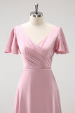 Pink A-Line Ruffle Wrap Short Sleeves Long Satin Bridesmaid Dress