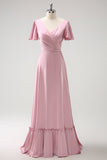 Pink A-Line Ruffle Wrap Short Sleeves Long Satin Bridesmaid Dress