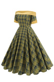 Off The Shoulder Green Grid Vintage 1950s Dress