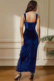 Sexy Royal Blue Velvet Bodycon Cocktail Dress with Slit