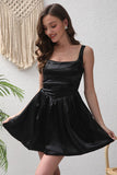 Black A-Line Satin Mini Party Dress