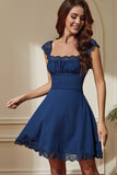 Navy Laced Square Neck A-Line Short Party Dress