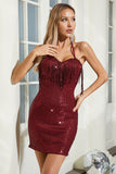 Sparkly Burgundy Spaghetti Straps Tight Short Party Dress with Tassels