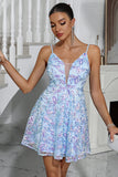 Sparkly Blue A-Line Sequined Embroidery Spaghetti Straps Short Party Dress