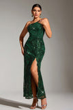 Sparkly Dark Green One Shoulder Mermaid Sequin Long Party Dress with Slit