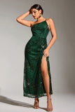 Sparkly Dark Green One Shoulder Mermaid Sequin Long Party Dress with Slit