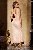 Sparkly Champagne Mermaid Sequins V Neck Long Party Dress