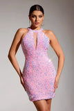 Sparkly Pink Sequins Tight Hollow Out Short Party Dress