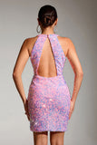 Sparkly Pink Sequins Tight Hollow Out Short Party Dress